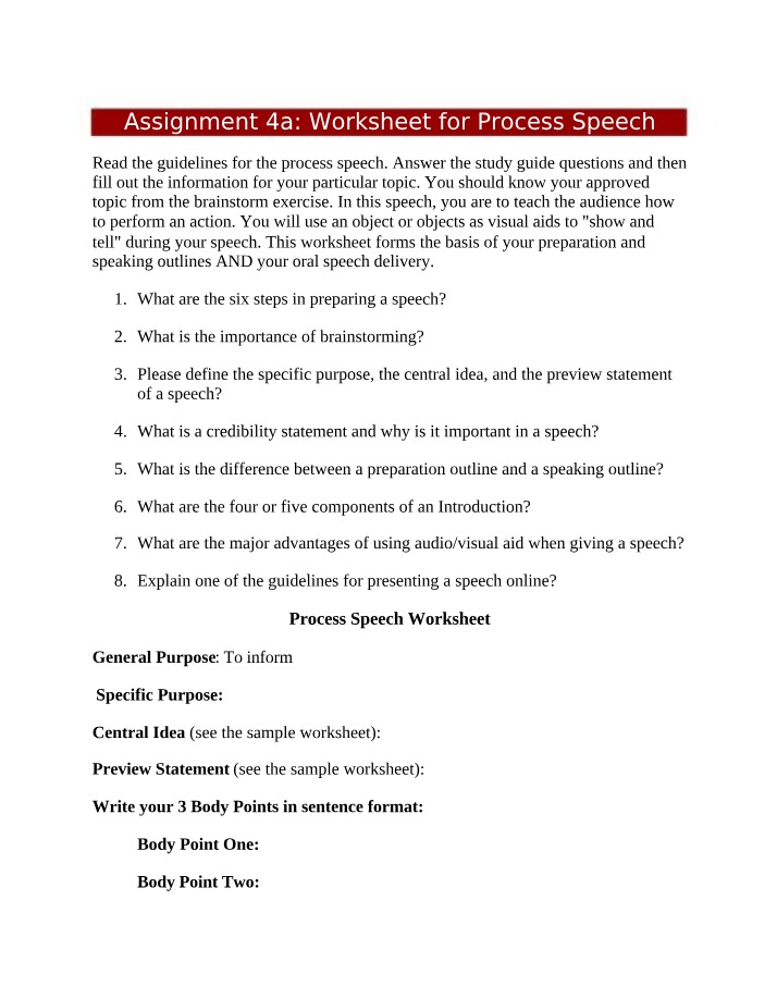 Assignment 4a Process Speech Worksheet Blank