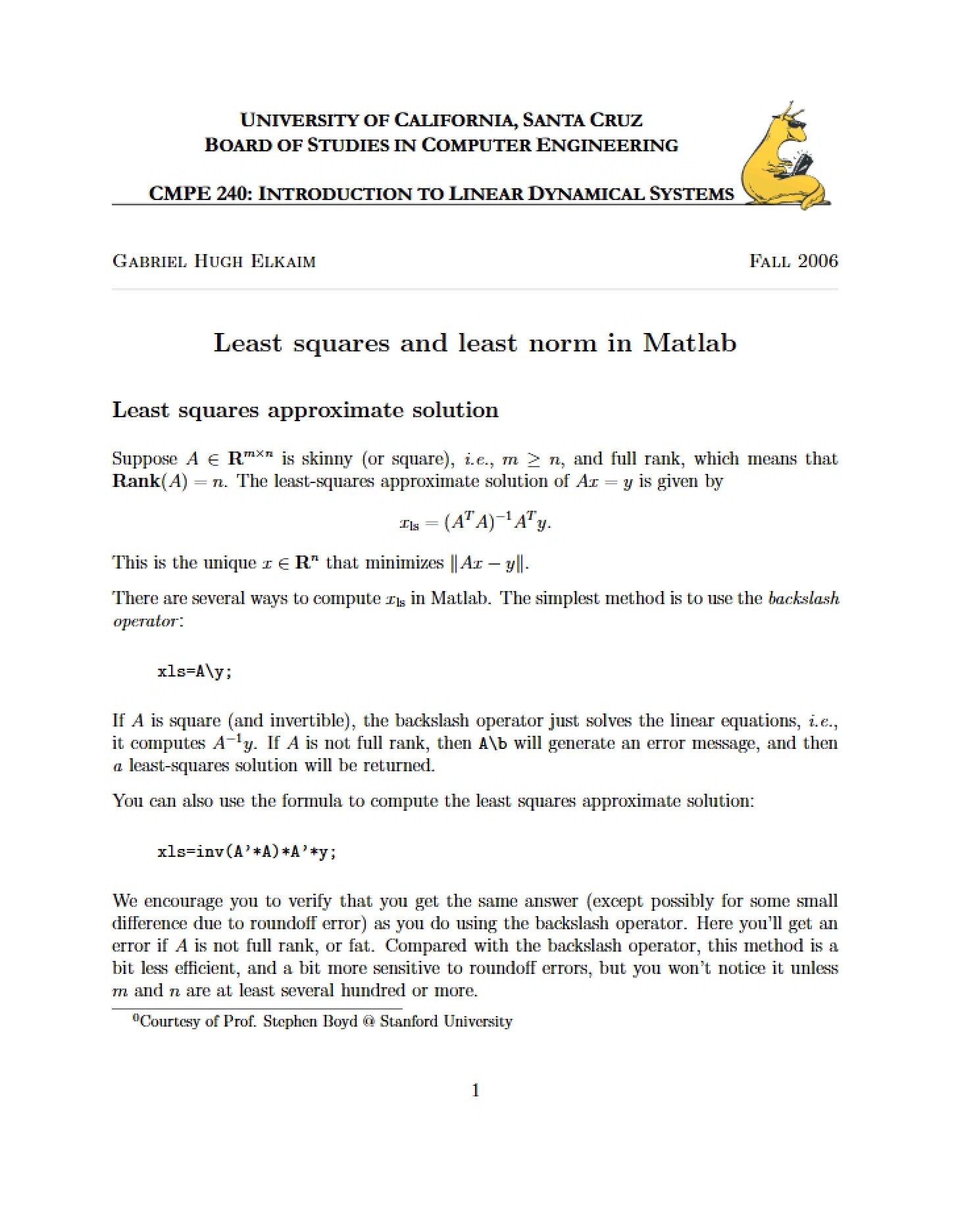 Matlab Implementation of Least Squares and Least Norm