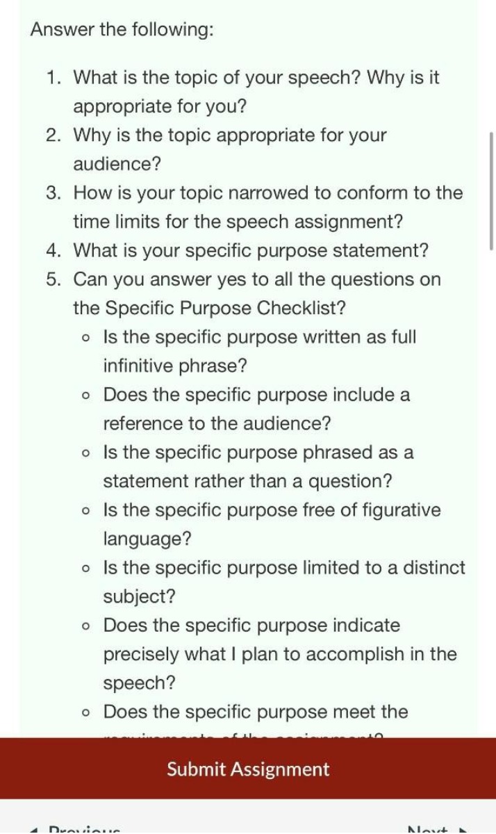 Questions for Speech Assignment