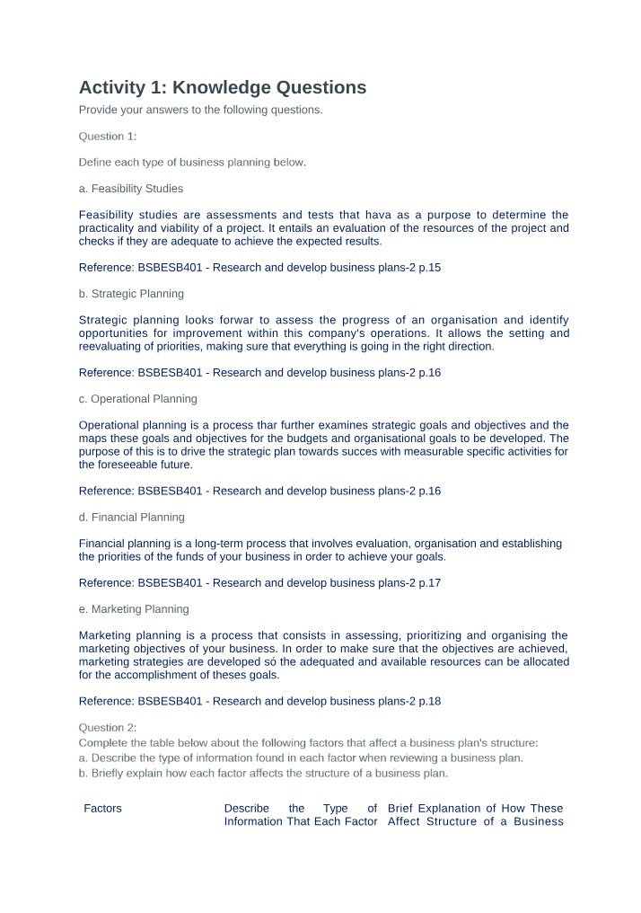 Answers to Activity 1 Knowledge Questions