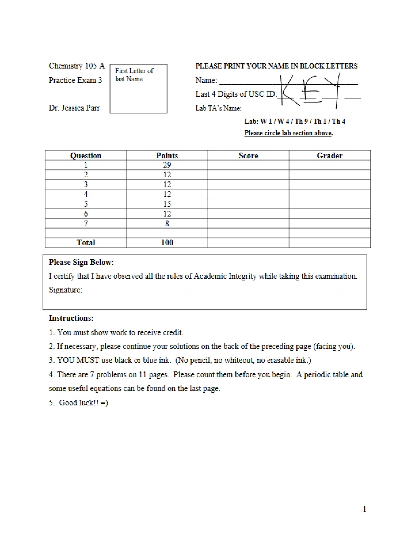 Key Spring 2008 Practice Exam 3 (105a)