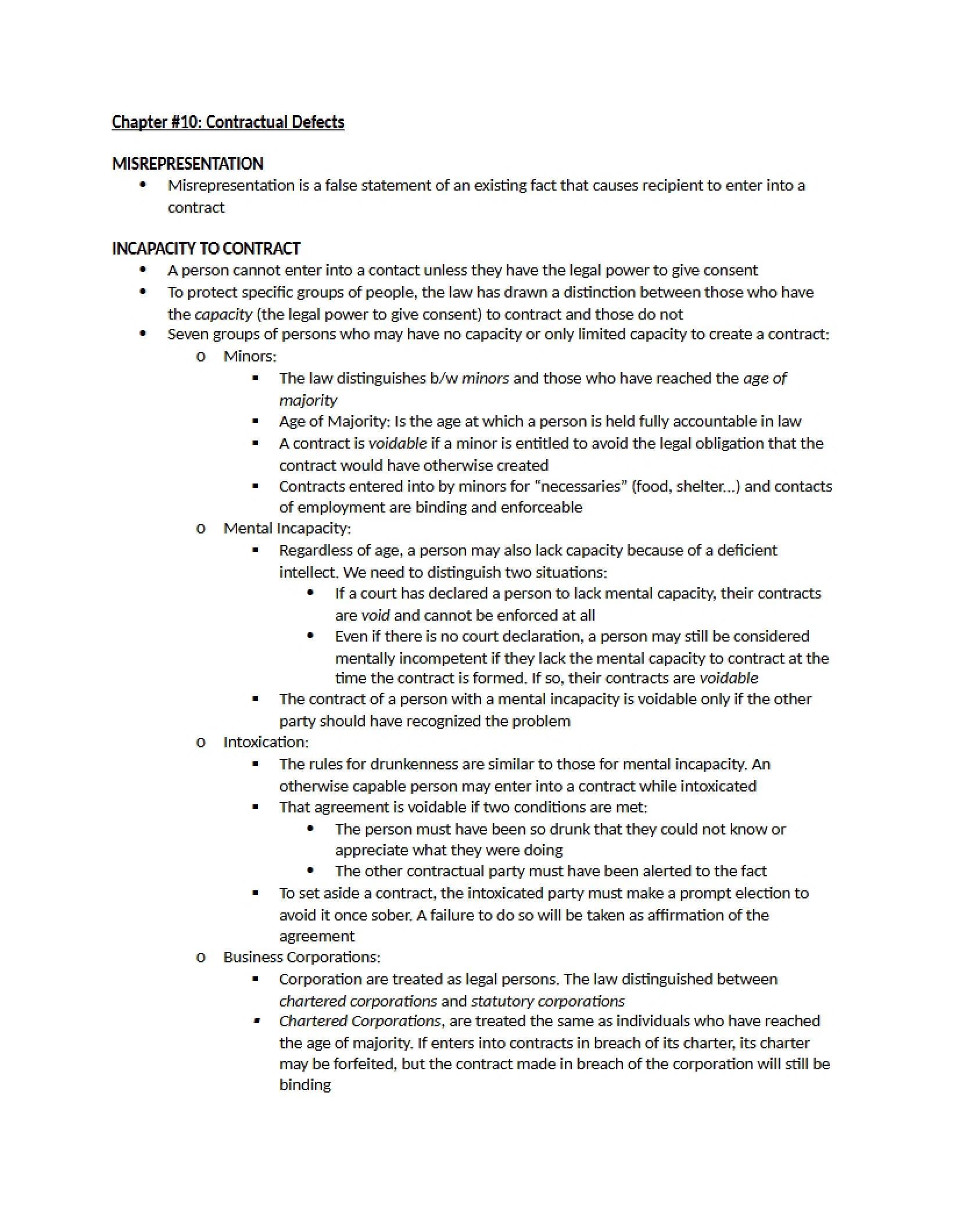 Defects in Contracts - Chapter 10