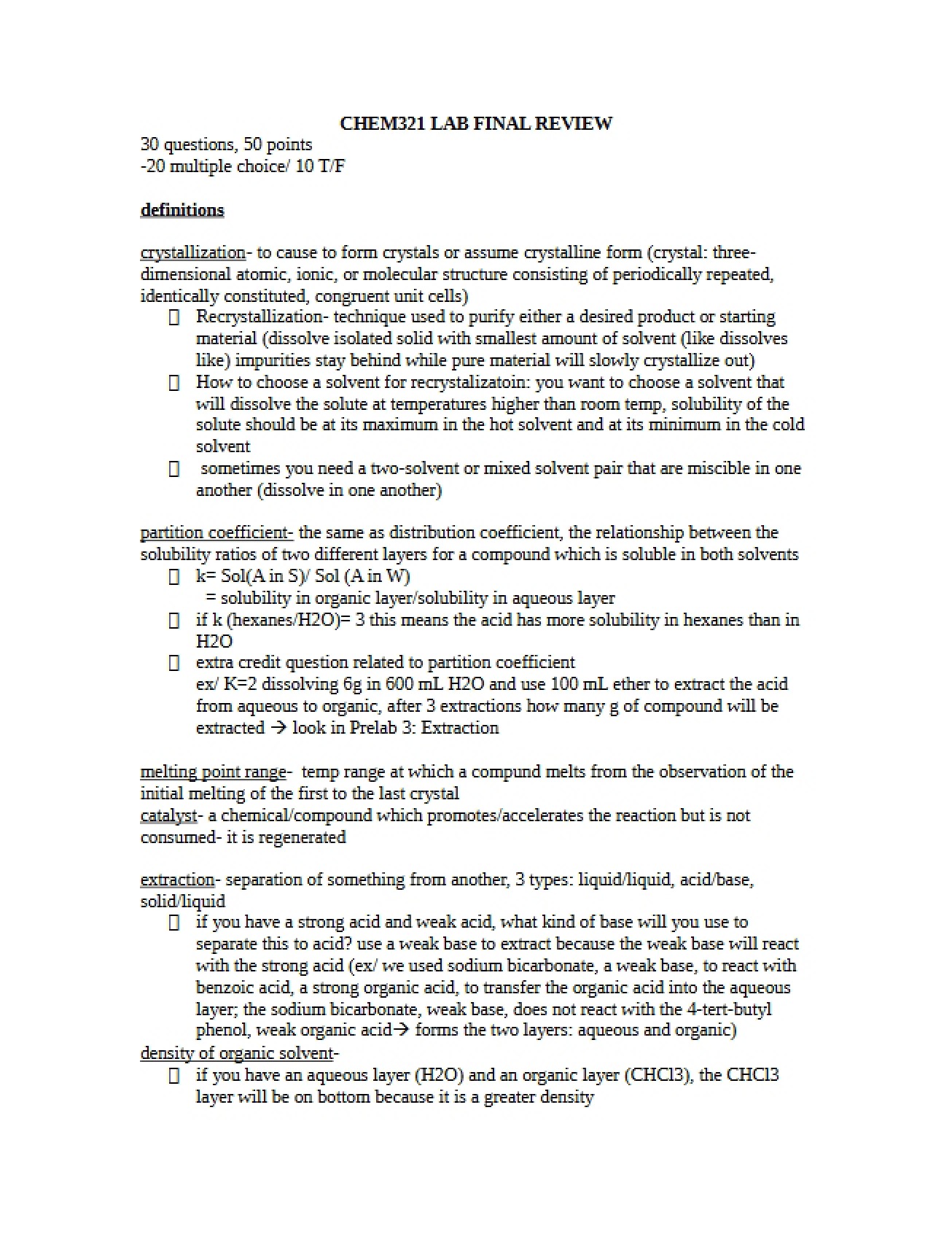 Experimental Organic Chemistry - Lab Final Review