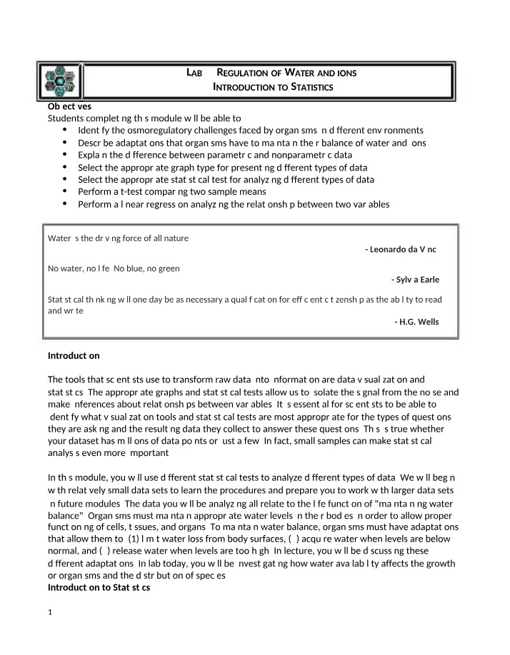 Introduction to Statistics and Regulation of Water and Ions - Lab 3
