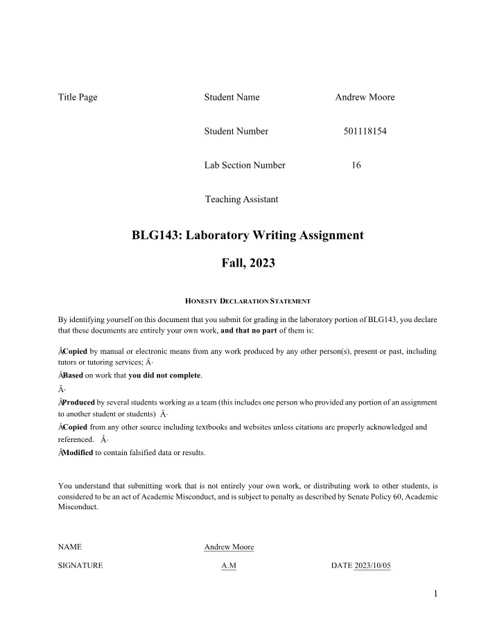 Fall 2023 Laboratory Writing Assignment for BLG143