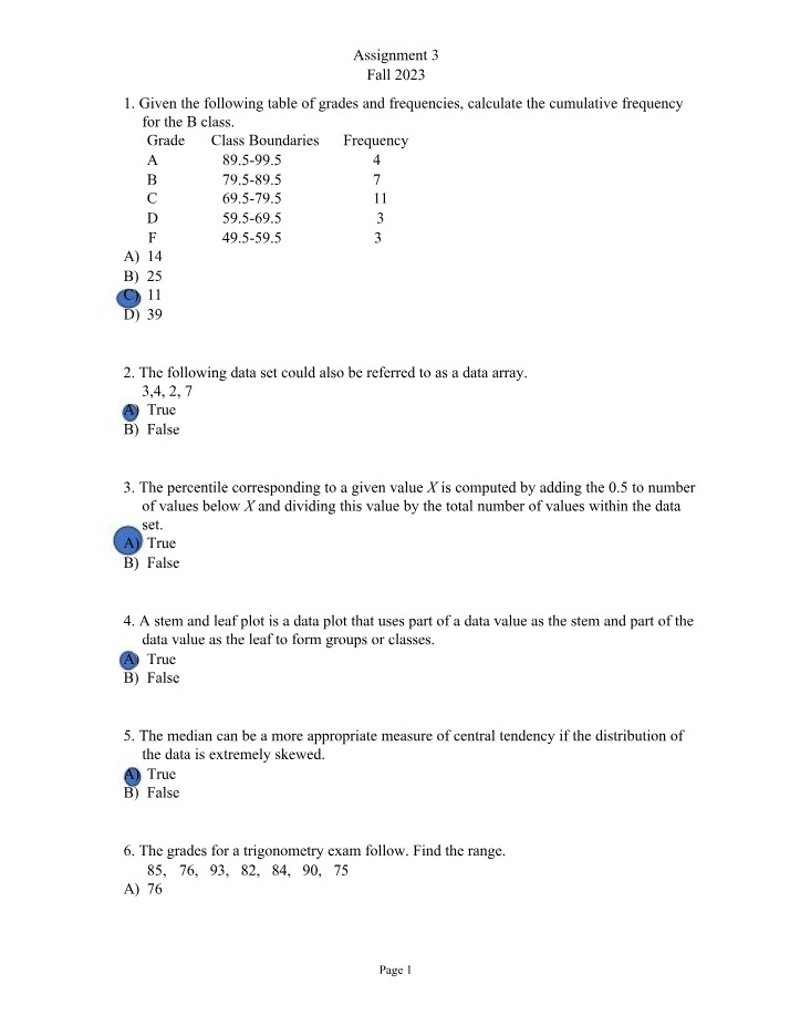 Calculating Cumulative Frequency for Class B Grades - Assignment 3