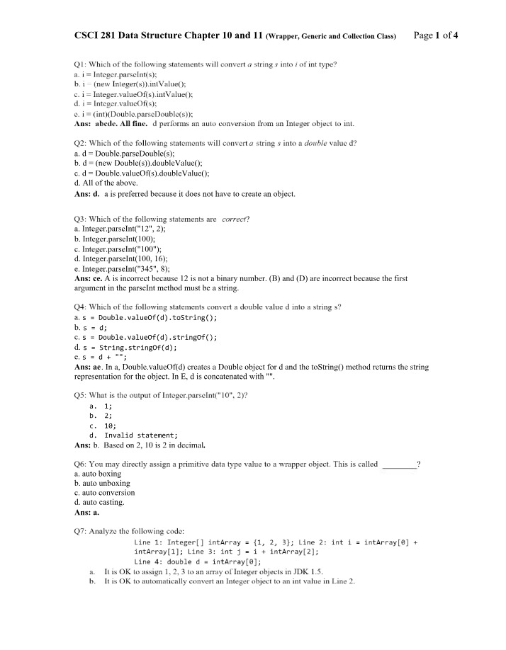 Wrapper, Generic, and Collection - Quiz 08 Preview Answers
