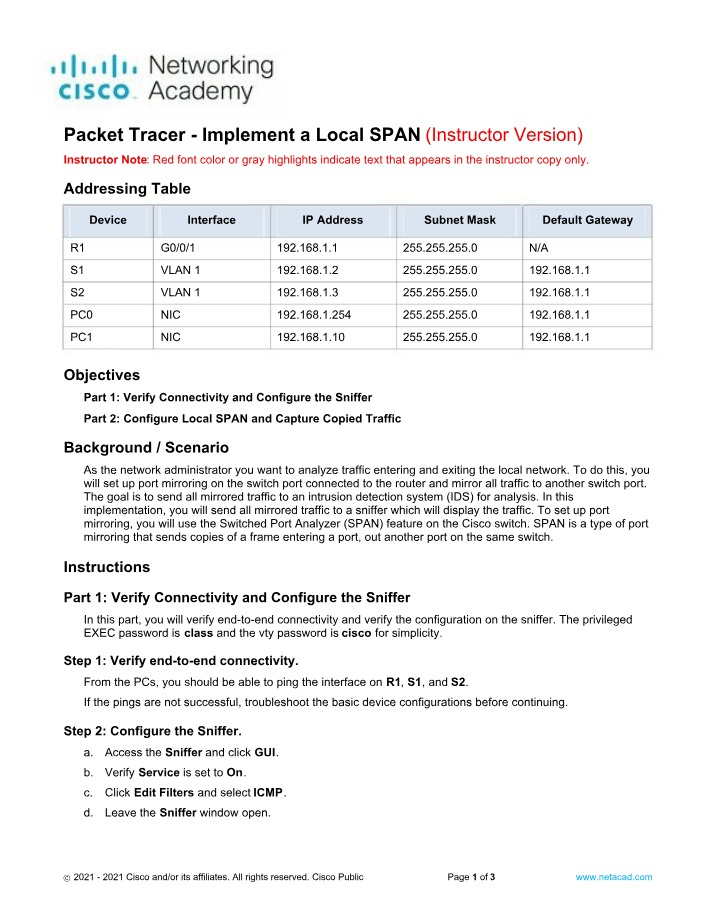 Local SPAN Implementation - Packet Tracer