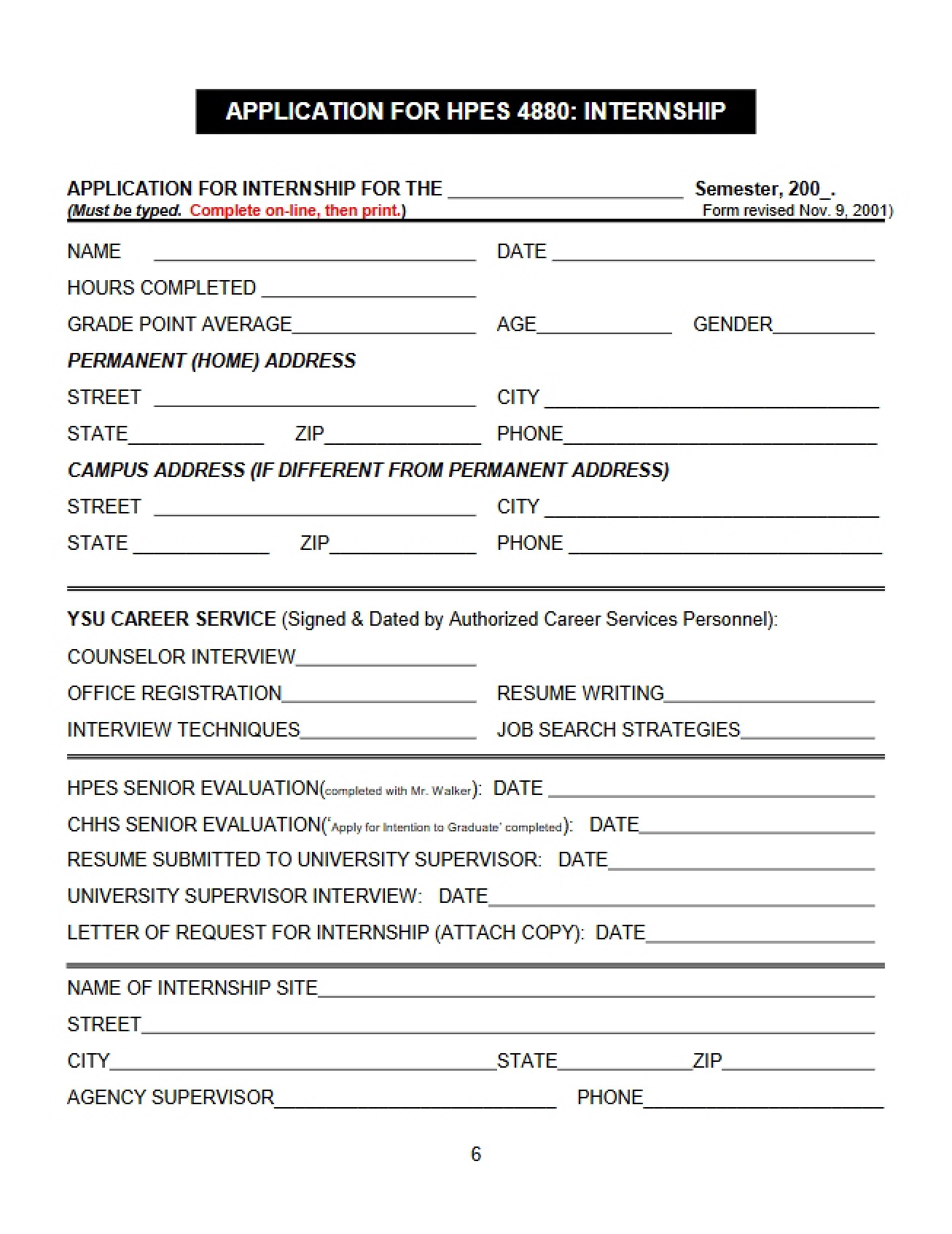 Internship Application (HPES 4880)