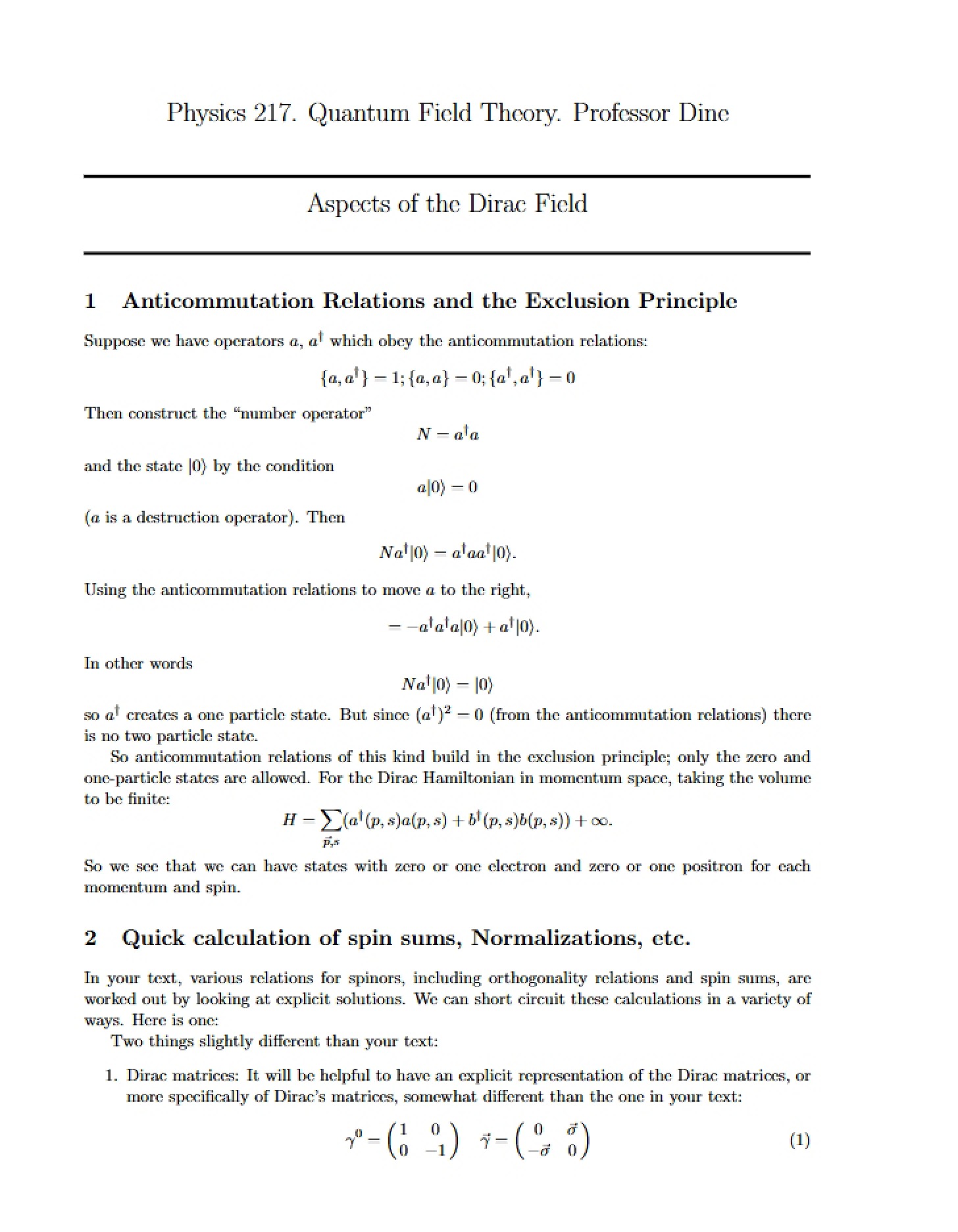 Dirac Field Aspects