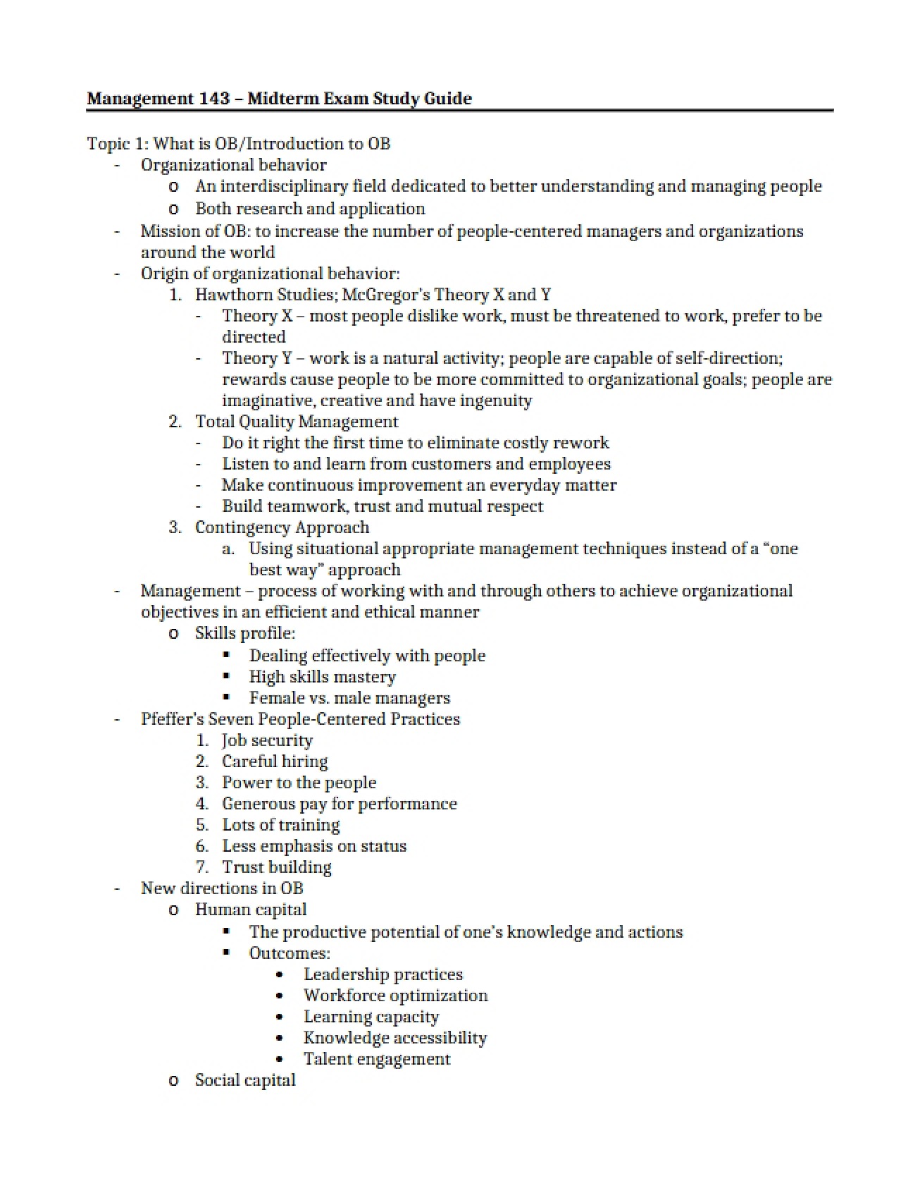Midterm Exam Study Guide for Managing and Leading People