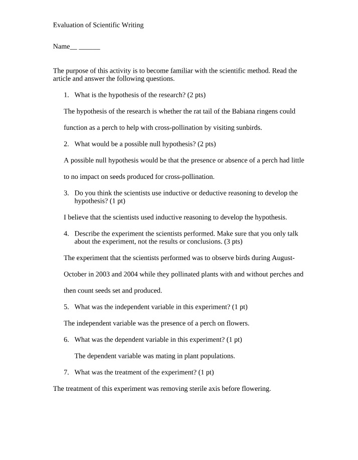 Scientific Writing Exercises Evaluation with Answers