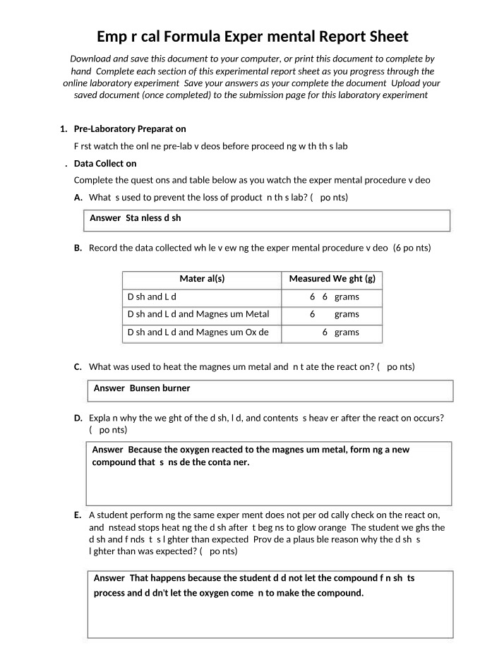 Empirical Formula Pre-Lab - Experimental Report Sheet