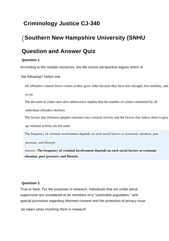 Criminology Justice Quiz (CJ 340)