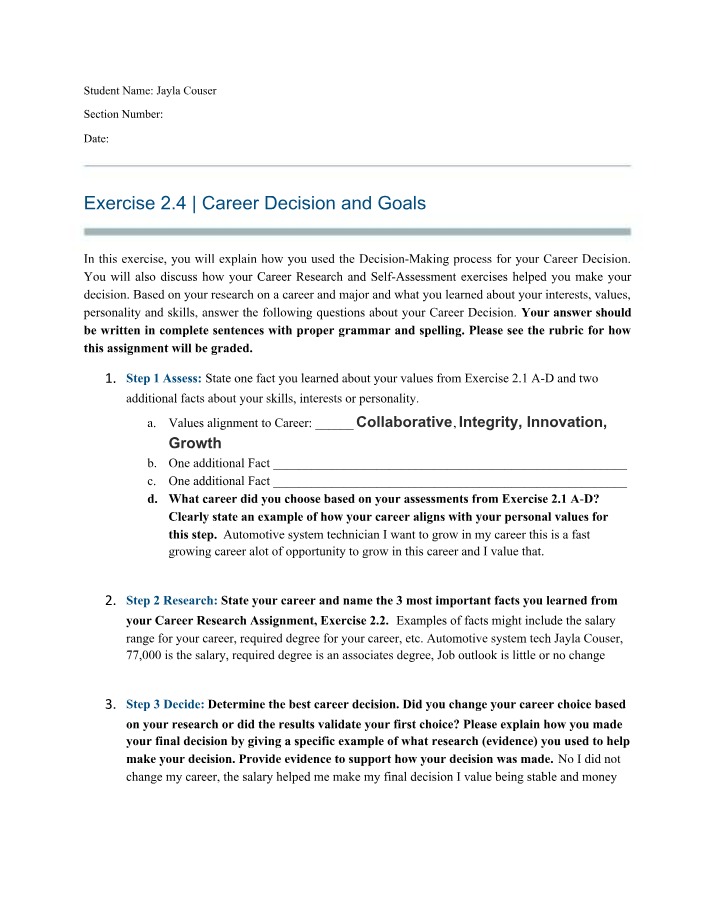 Career Decision and Goals Exercise 2.4 Part A