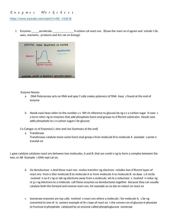 Worksheet on Enzymes