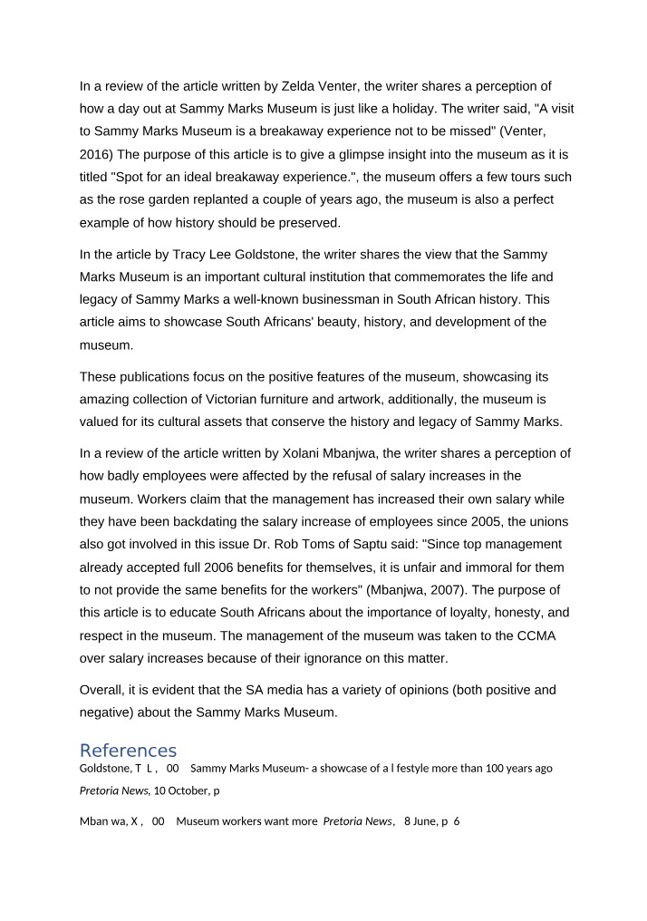 Media Opinions and References for Sammy Marks Museum