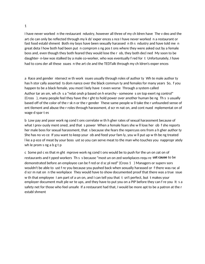 Workplace Harassment and Unionization - Restaurant Industry Notes