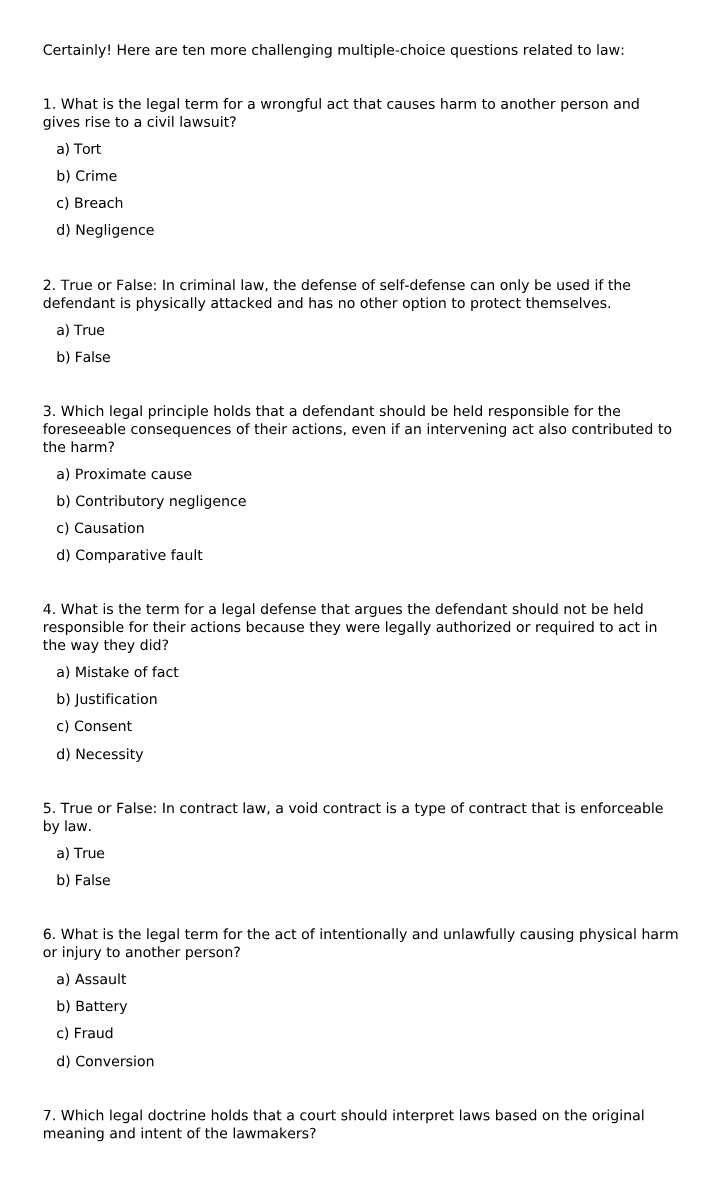 Multiple-Choice Questions on Law