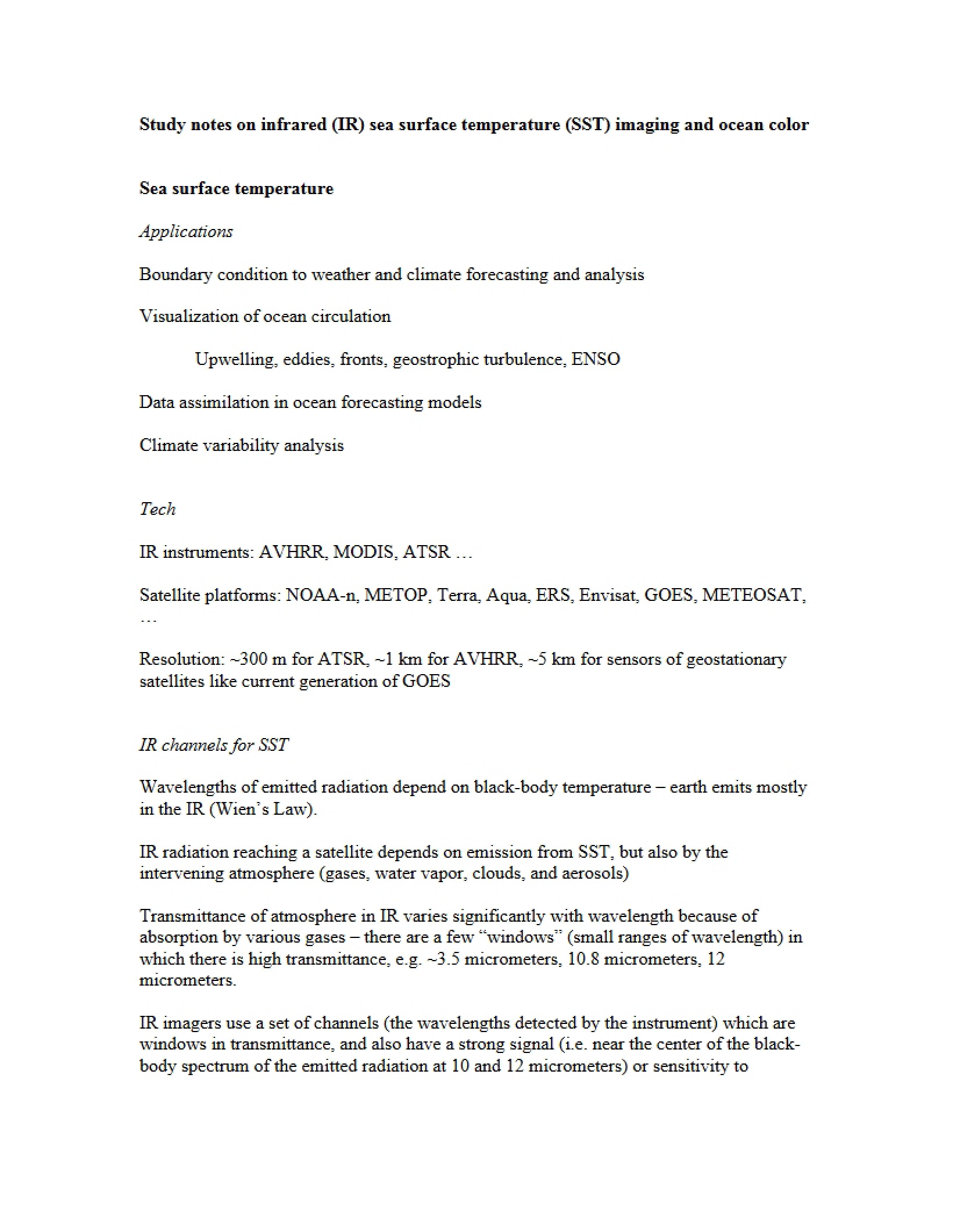 Study Notes IR, SST, Ocean Color, and Imaging