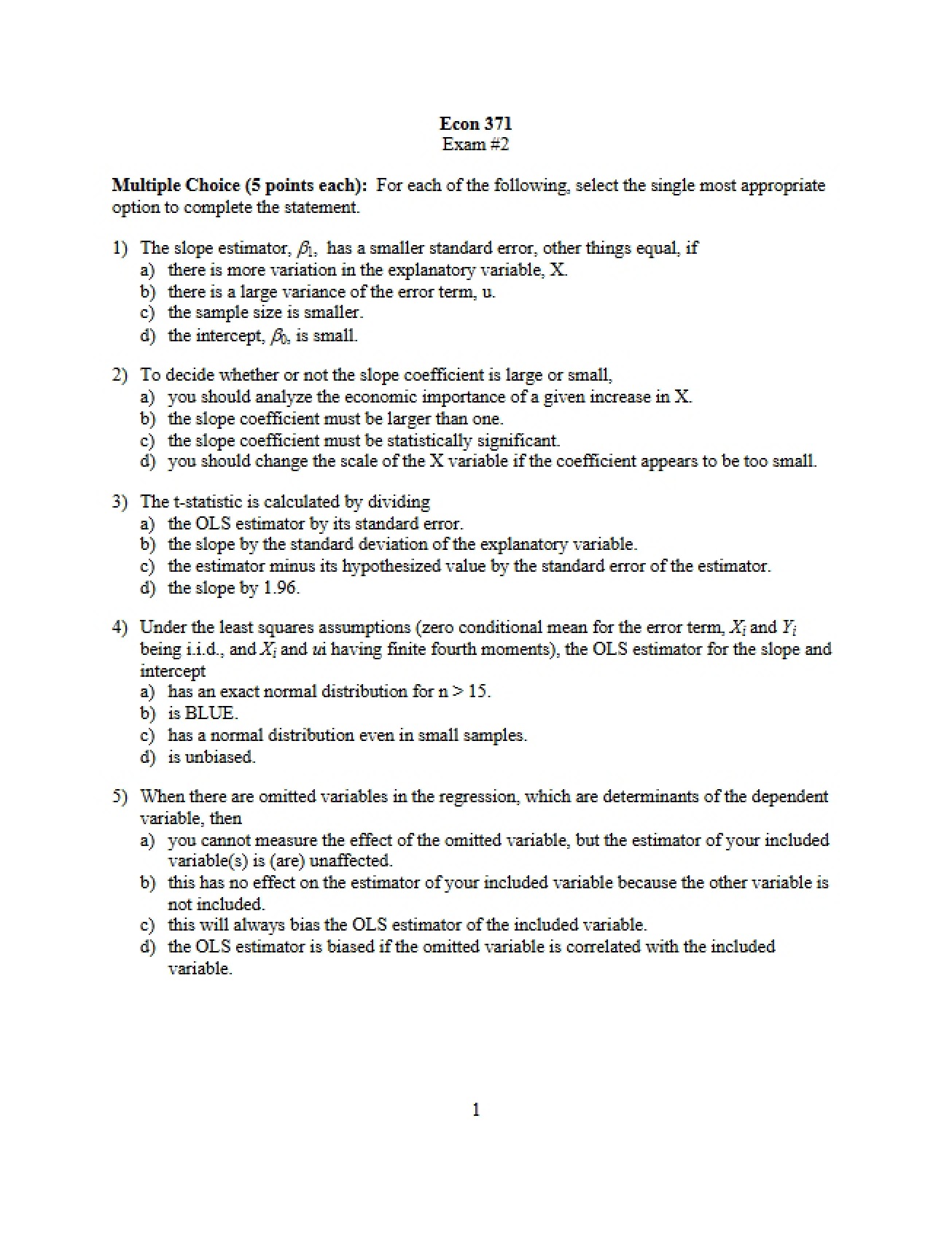 Second Practice Exam from Fall 2009 for Econometrics