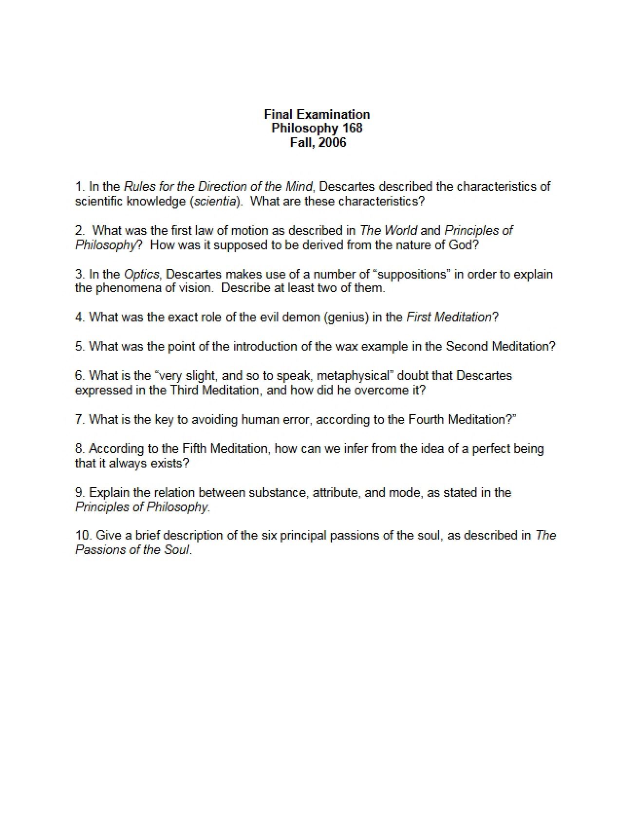 Final Examination for Descartes
