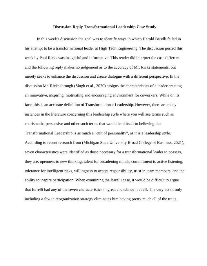 Week 5 Discussion - Transformational Leadership Case Study