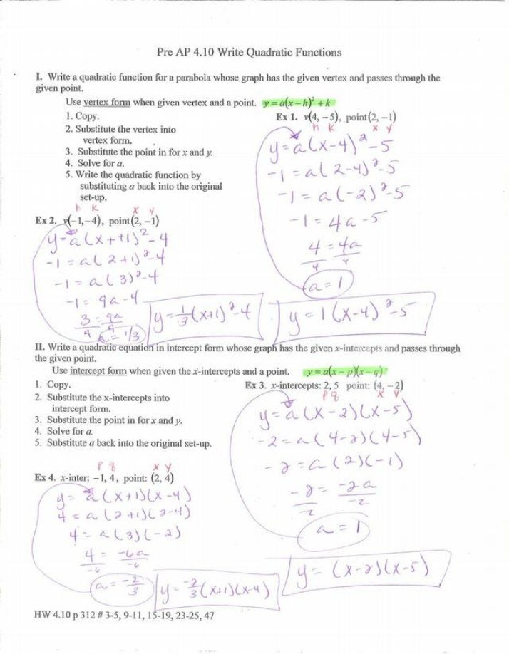 Writing Quadratic Functions - Vertex and Point Method