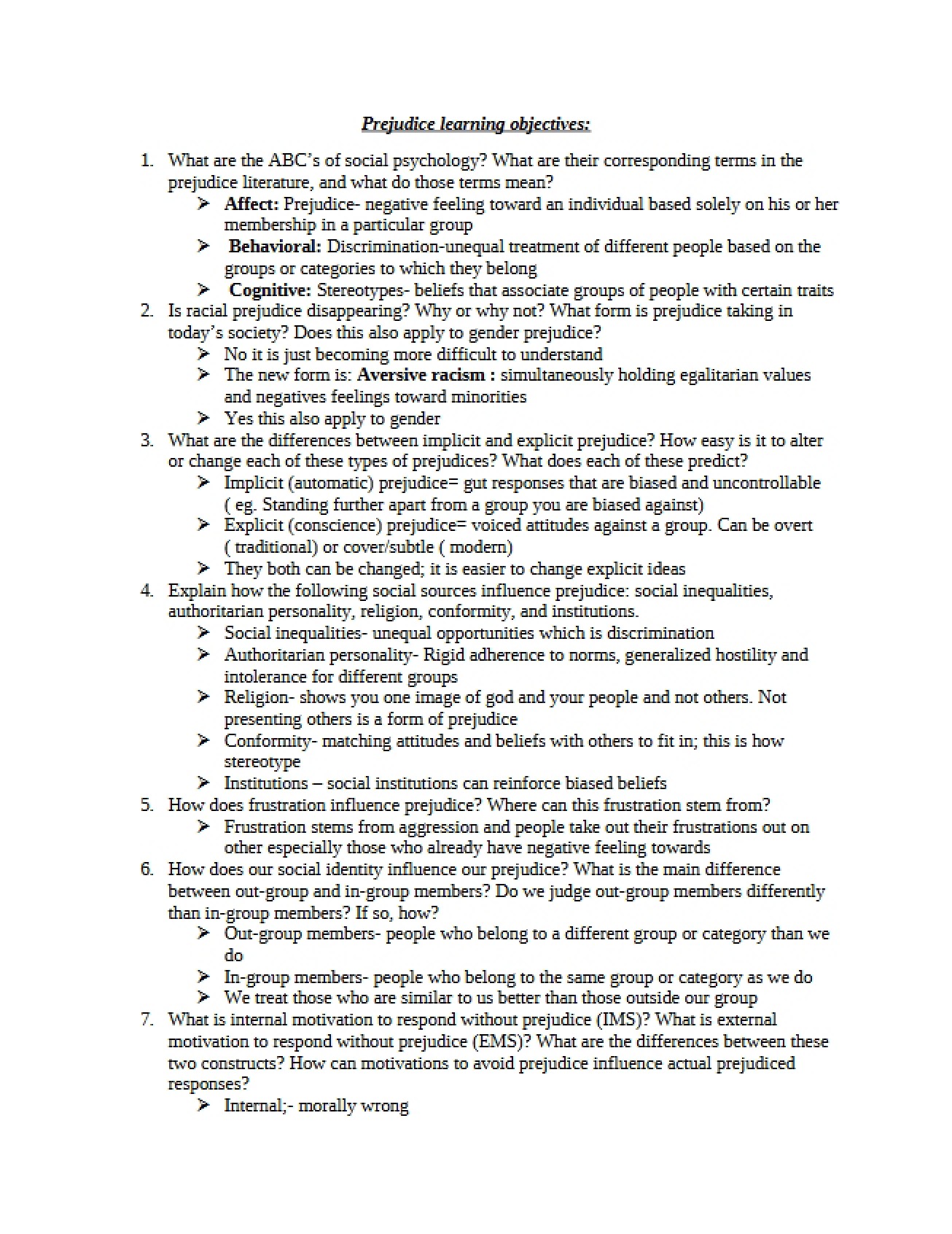Learning Objectives for Prejudice