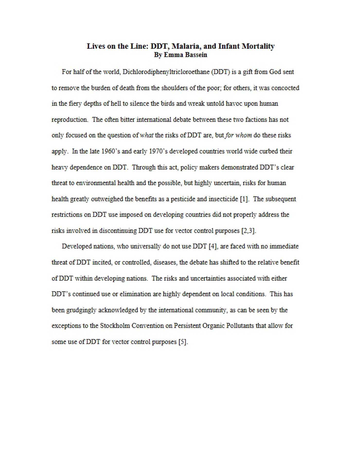 DDT, Malaria, and Infant Mortality Lives on the Line