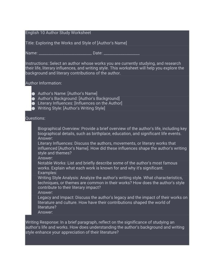 Author Study Worksheet - English 10