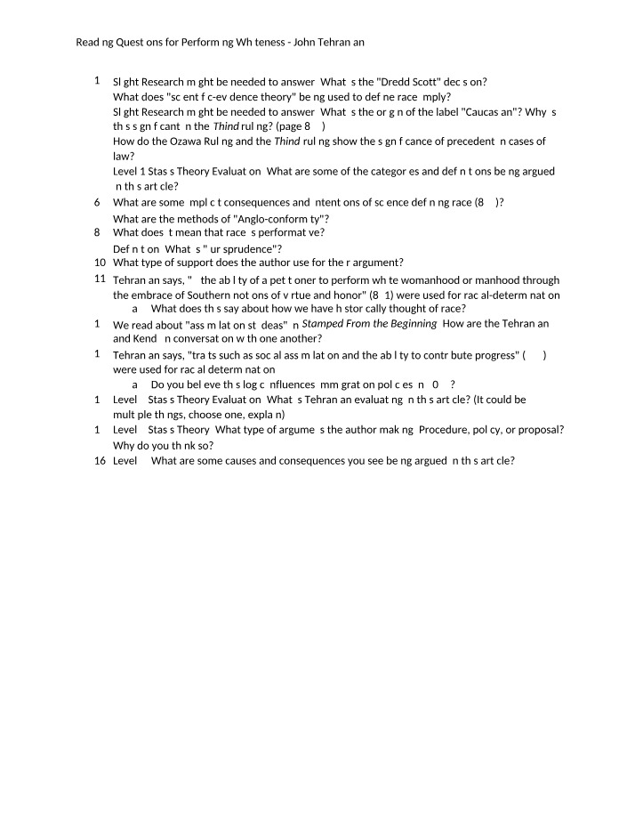 Reading Questions for John Tehranian's Performing Whiteness
