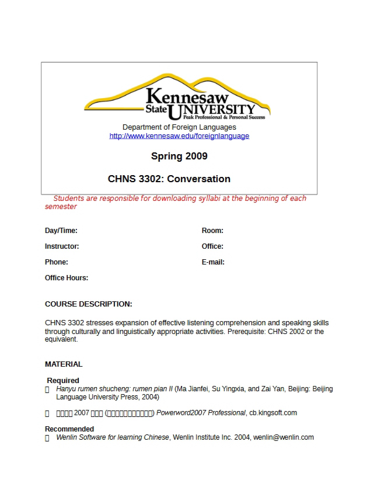 Comprehensive Syllabus for a Course on Chinese Conversation