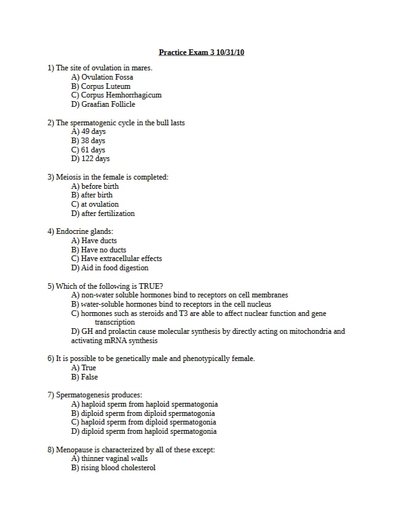 Partial Answers for Animal Physiology Practice Exam 3