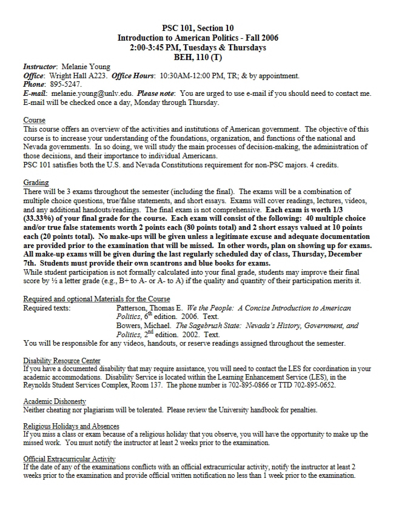 Syllabus Nevada Constitution and American Politics - Introduction to American Politics