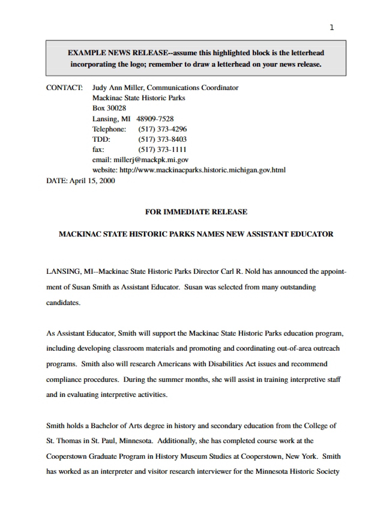 News Release Sample