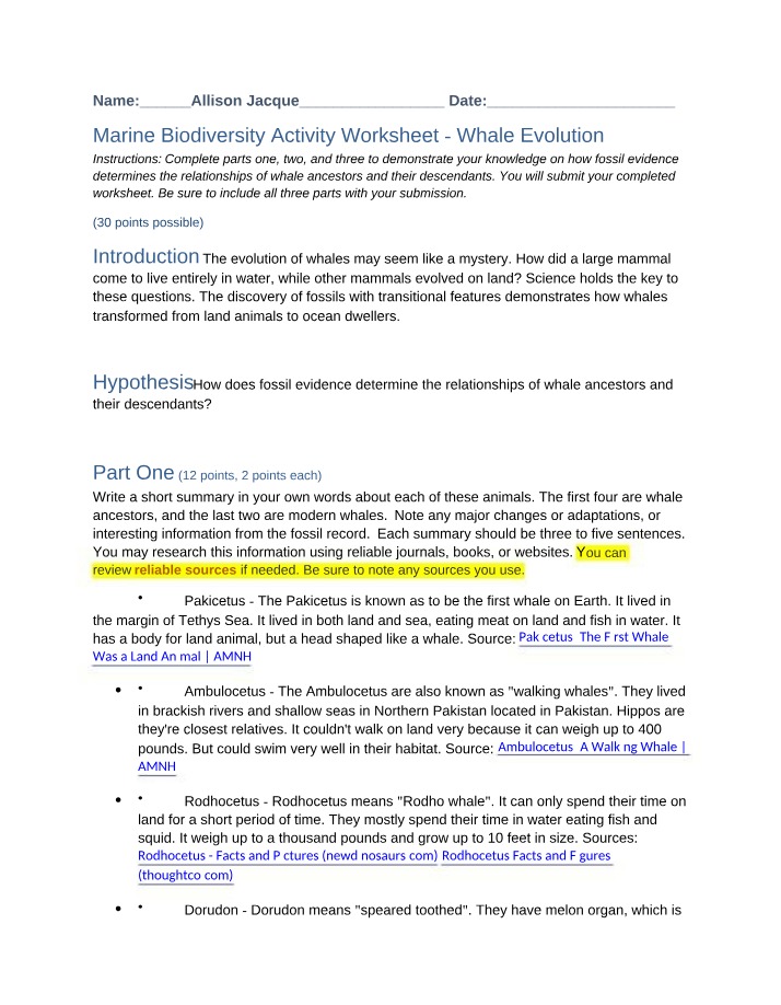 Whale Evolution - Marine Biodiversity Activity Worksheet