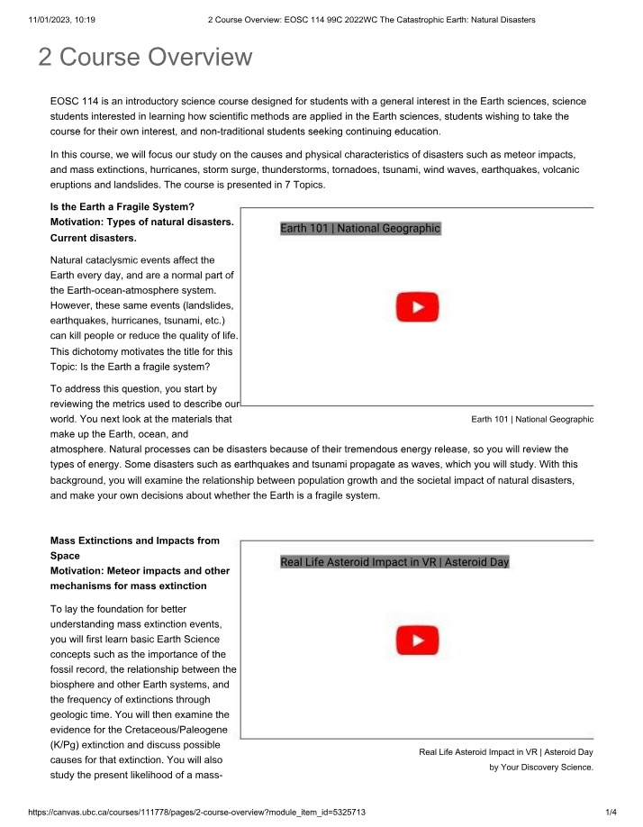 Course Overview for EOSC 114