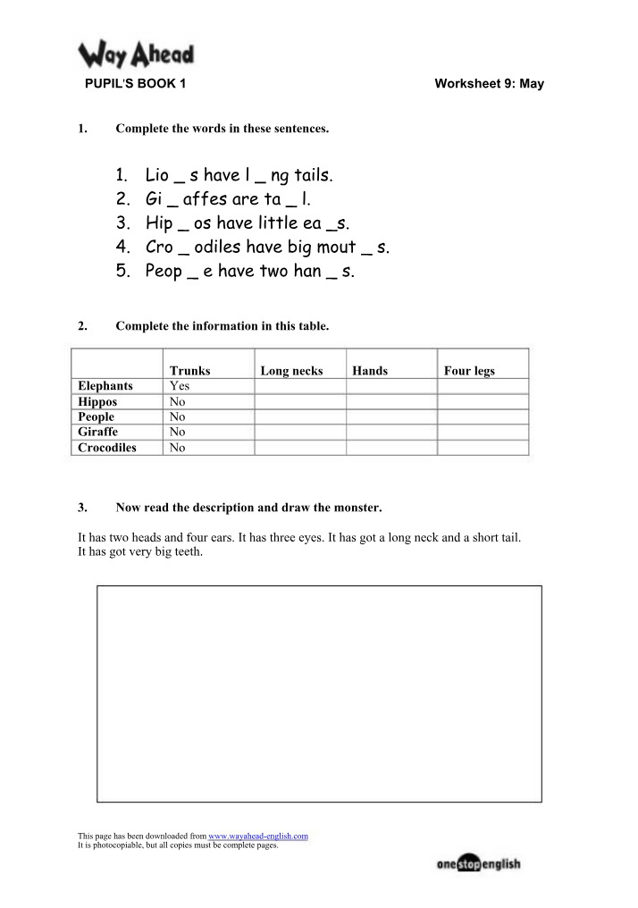 Worksheet on Animal Descriptions