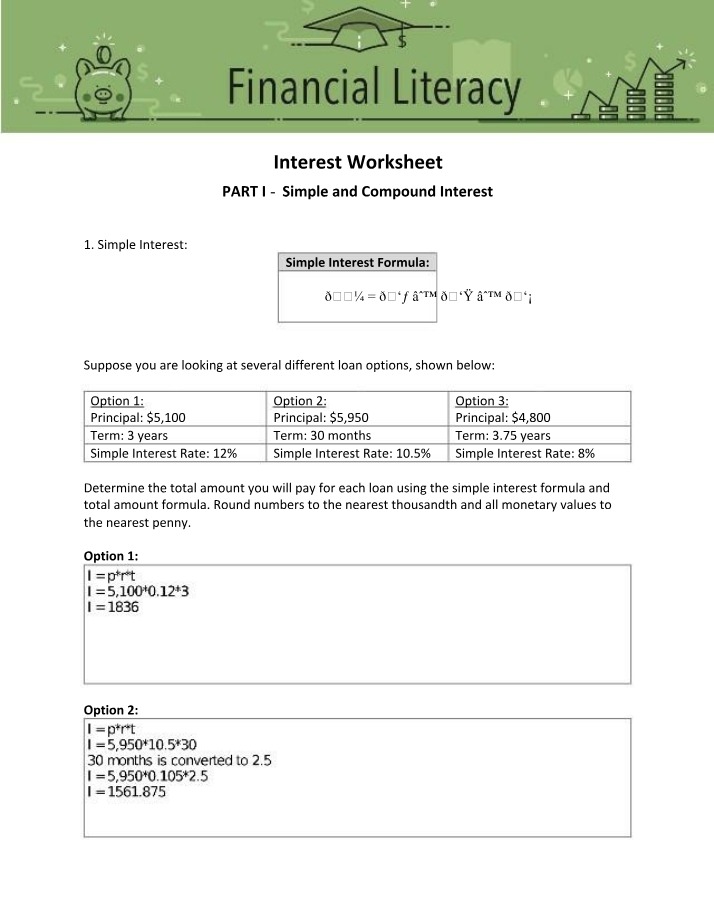 Worksheet on Interest