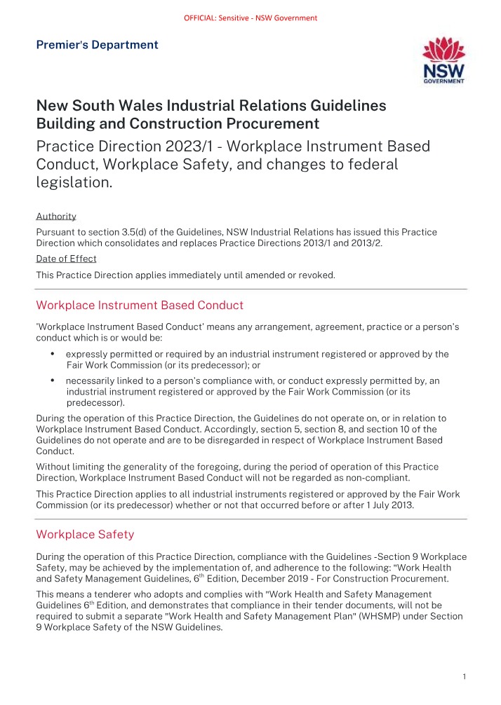 Workplace Safety - Practice Direction 2023-1 - Instrument Based Conduct and Federal Legislation Changes
