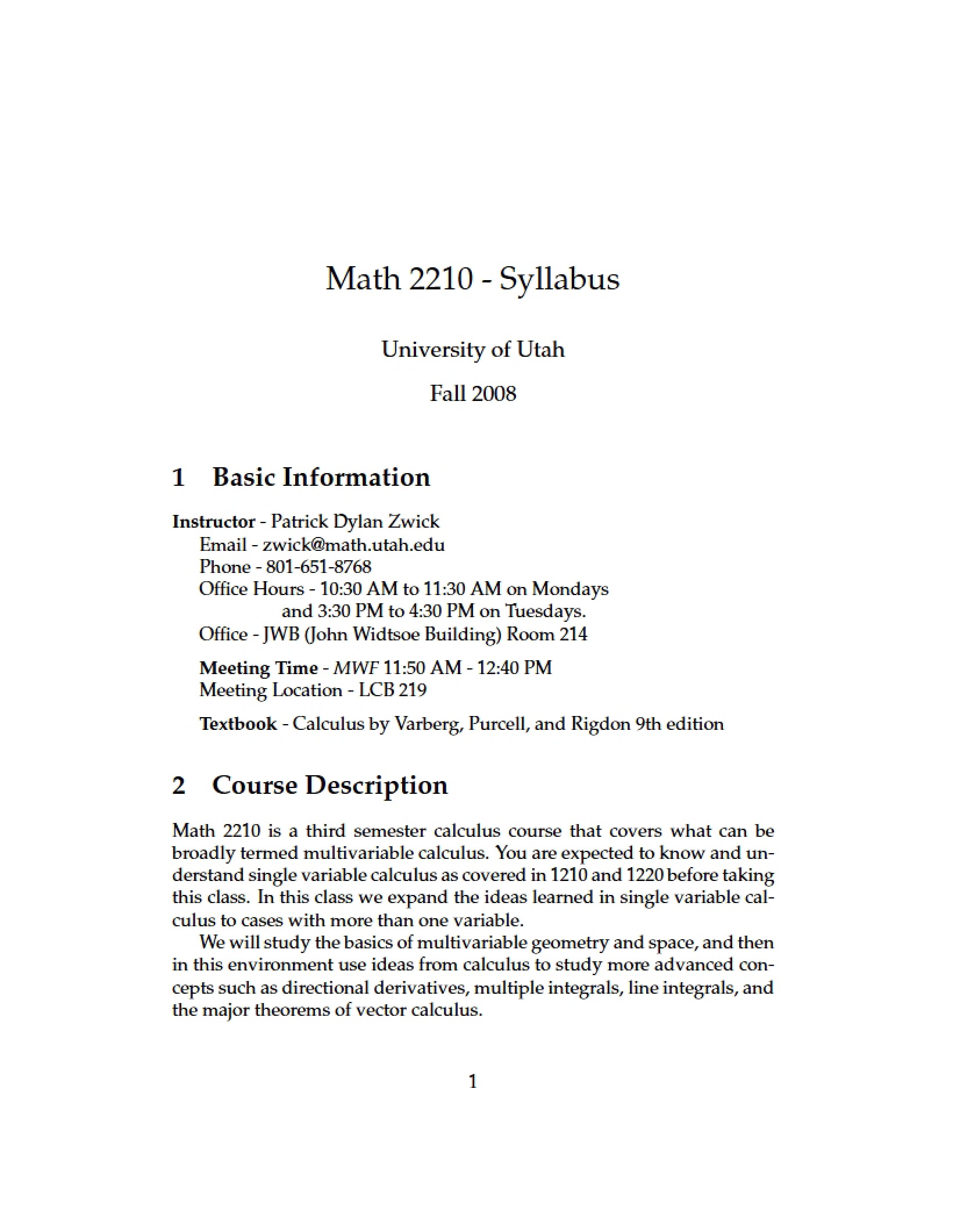 Math 2210 Course Outline