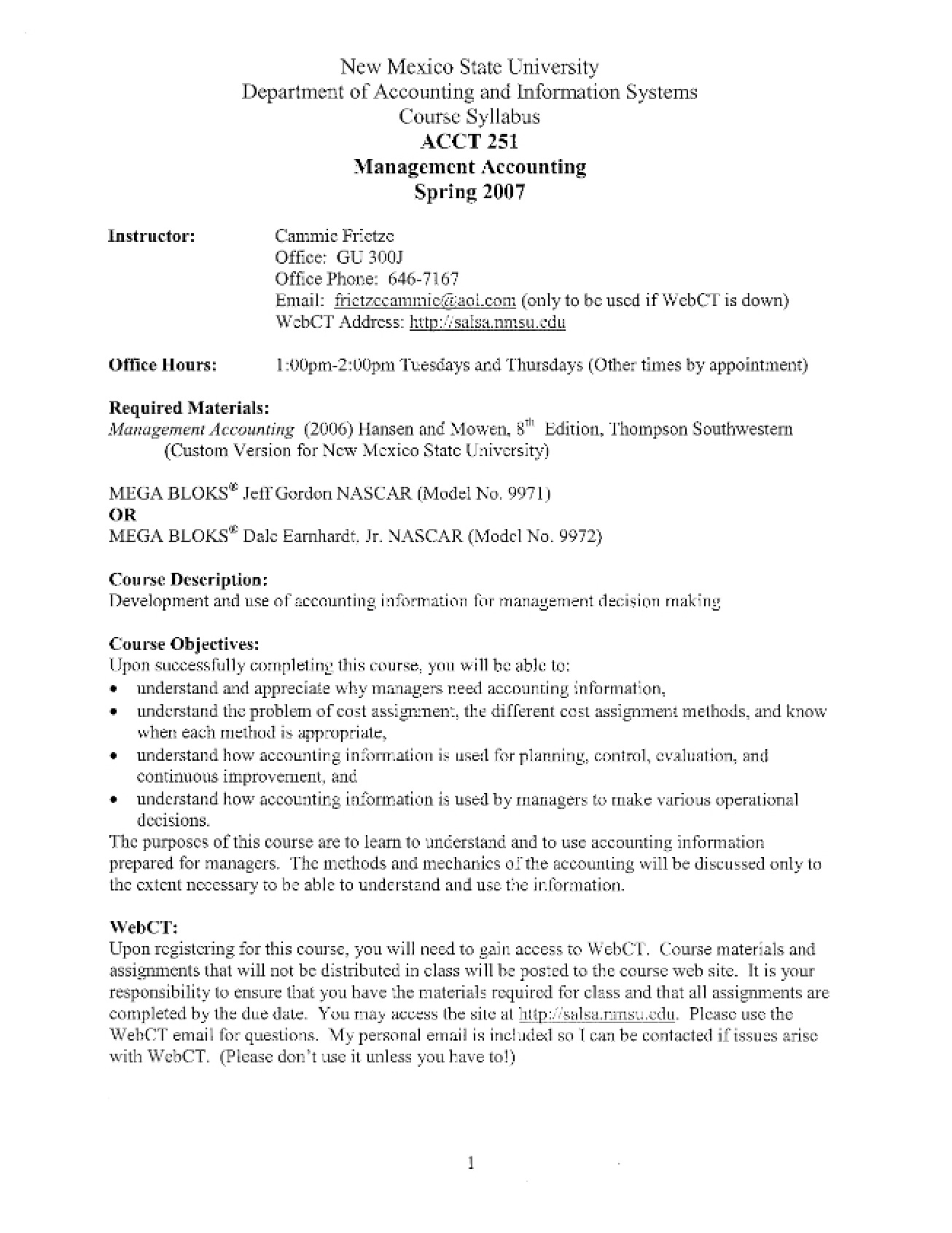 Management Accounting Syllabus - Spring 2007 - Cammie Frietze
