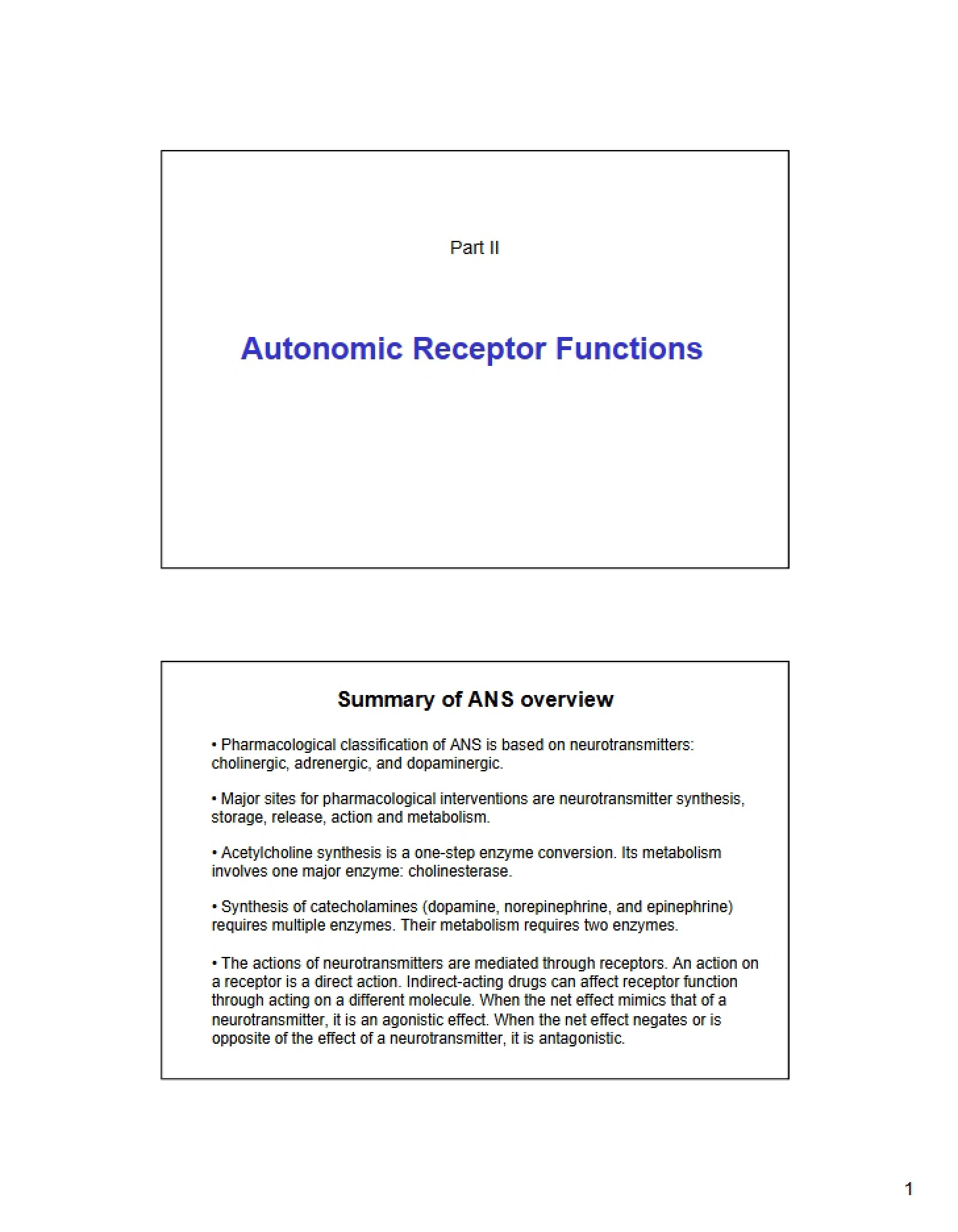 Functionality of Autonomic Receptors