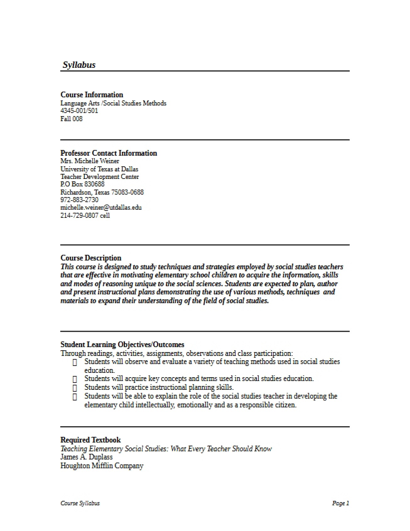Syllabus Social Studies Methods (Grades EC-6)