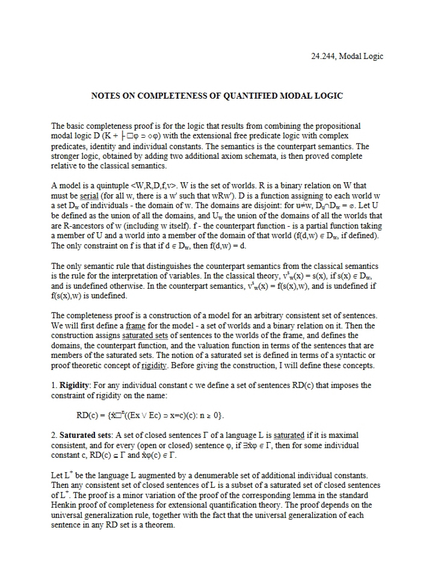 Quantified Modal Logic Completeness Notes