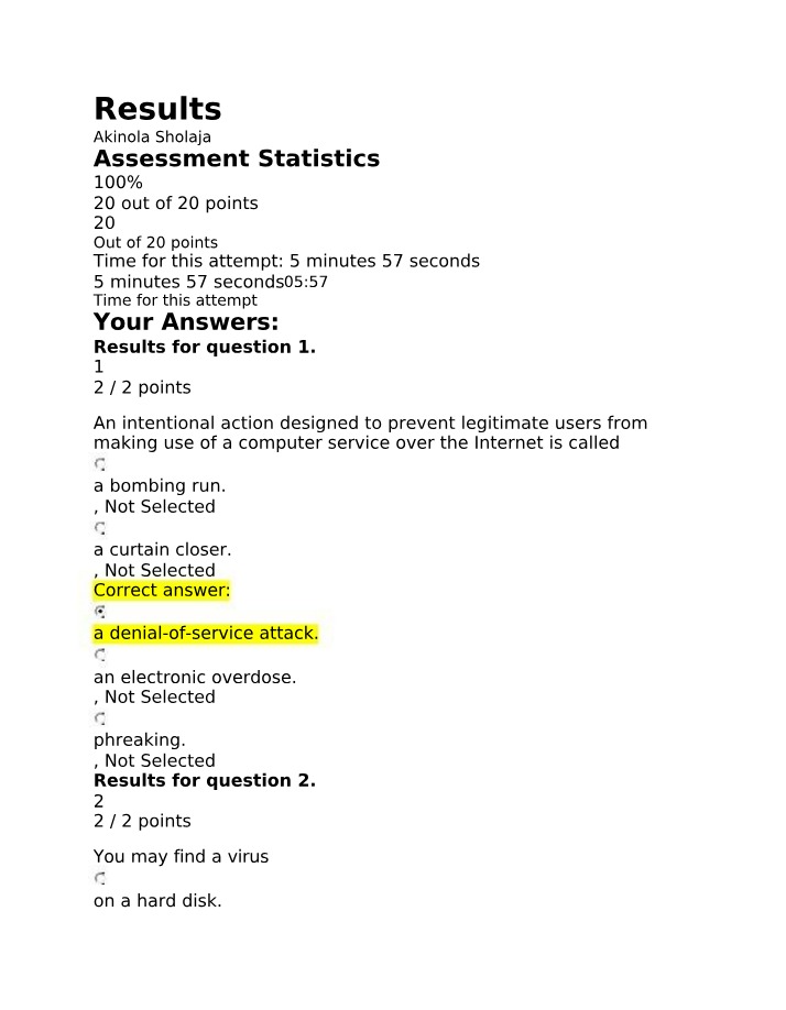 Quiz Results - Unit 6 Chapter 7