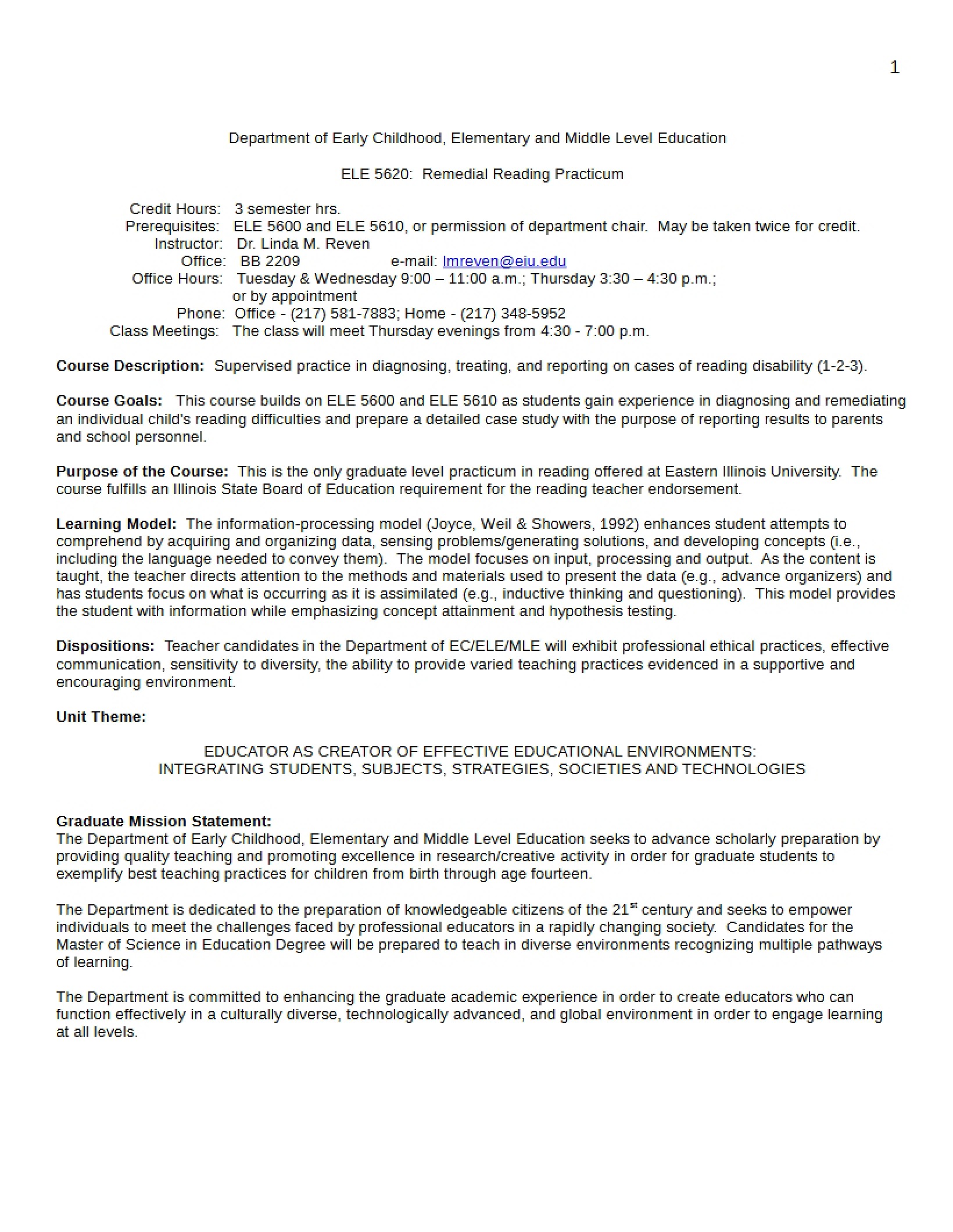 Syllabus - Remedial Reading Practicum