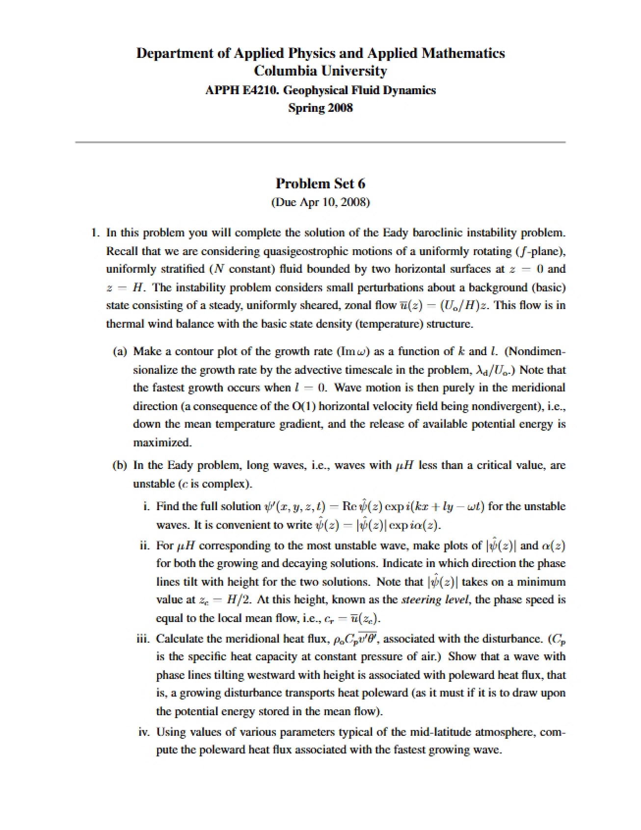 Problem Set for Geophysical Fluid Dynamics