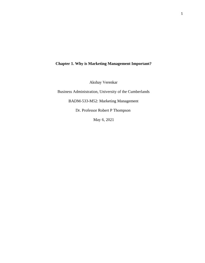 Why is Marketing Management Important (Chapter 1)